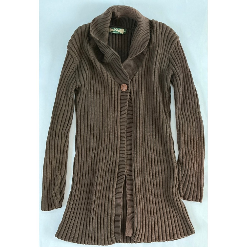 525 America Womens Brown Ribbed Knit Shawl Collar Long Cardigan Sweater Medium